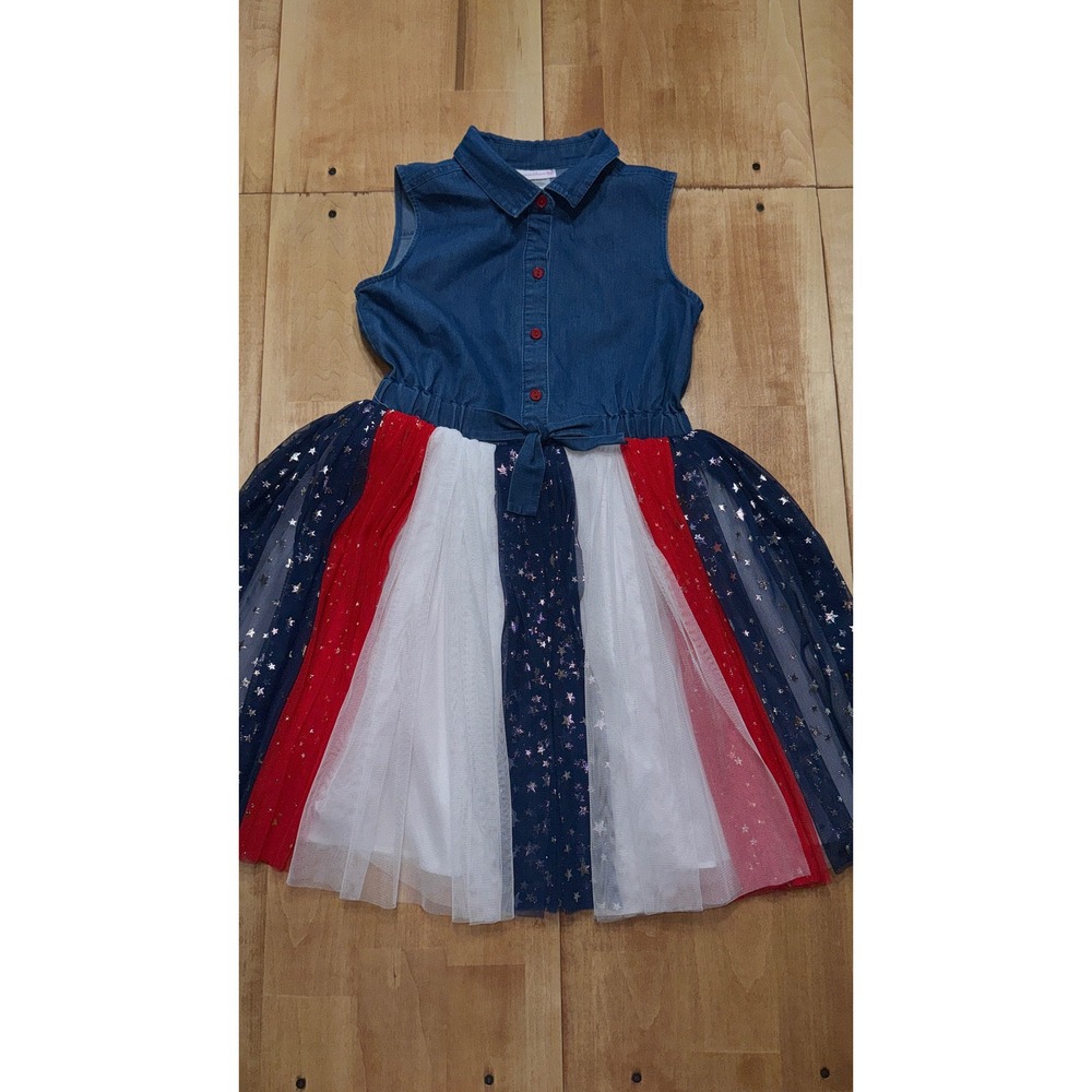 Bonnie Jean Girl Patriotic Americana Denim Tulle Star Dress Red White Blue Sz 10